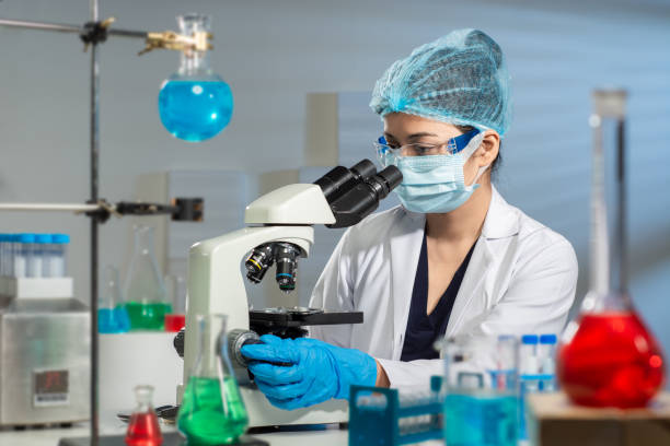 Young good looking Asian Indian Female Lab Technician wearing a navy blue uniform, white lab coat, protective eyeglasses, face mask, blue lab gloves, hairs nicely clipped behind with blue bouffant cap, working on the microscope in the scientific research lab of a hospital, adjusting the focus; with window light falling on the light blue wall behind giving a three-dimensional feel, conical flask containing red chemical, spherical flask with blue chemical on stand, beaker filled with blue liquid, test tube warmer, test tube stand, conical flask with green chemical placed on the white lab table in the foreground.